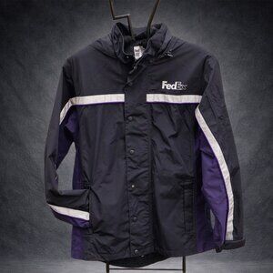 FedEx Stan Herman Hooded Heavy Windbreaker Reflective Jacket Medium Unisex Navy